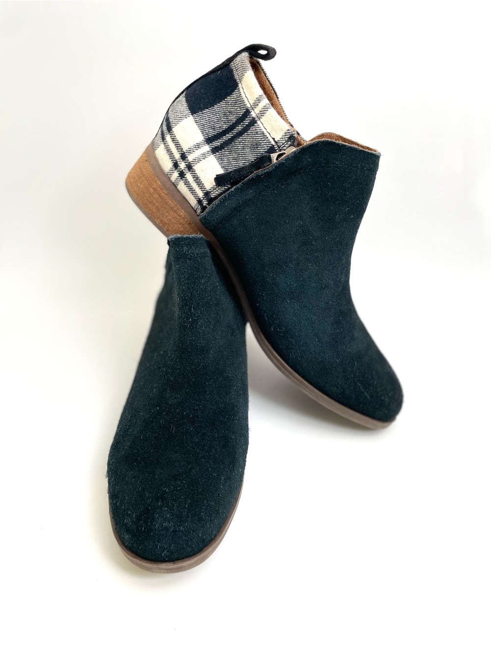 Toms Black Suede Ankle Booties with Plaid Design